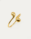 18K gold-plated open cuff bracelet with sculptural double drop ends, minimalist adjustable statement bracelet for women
