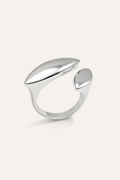silver-plated open statement ring with sculptural wave design, minimalist adjustable ring for women