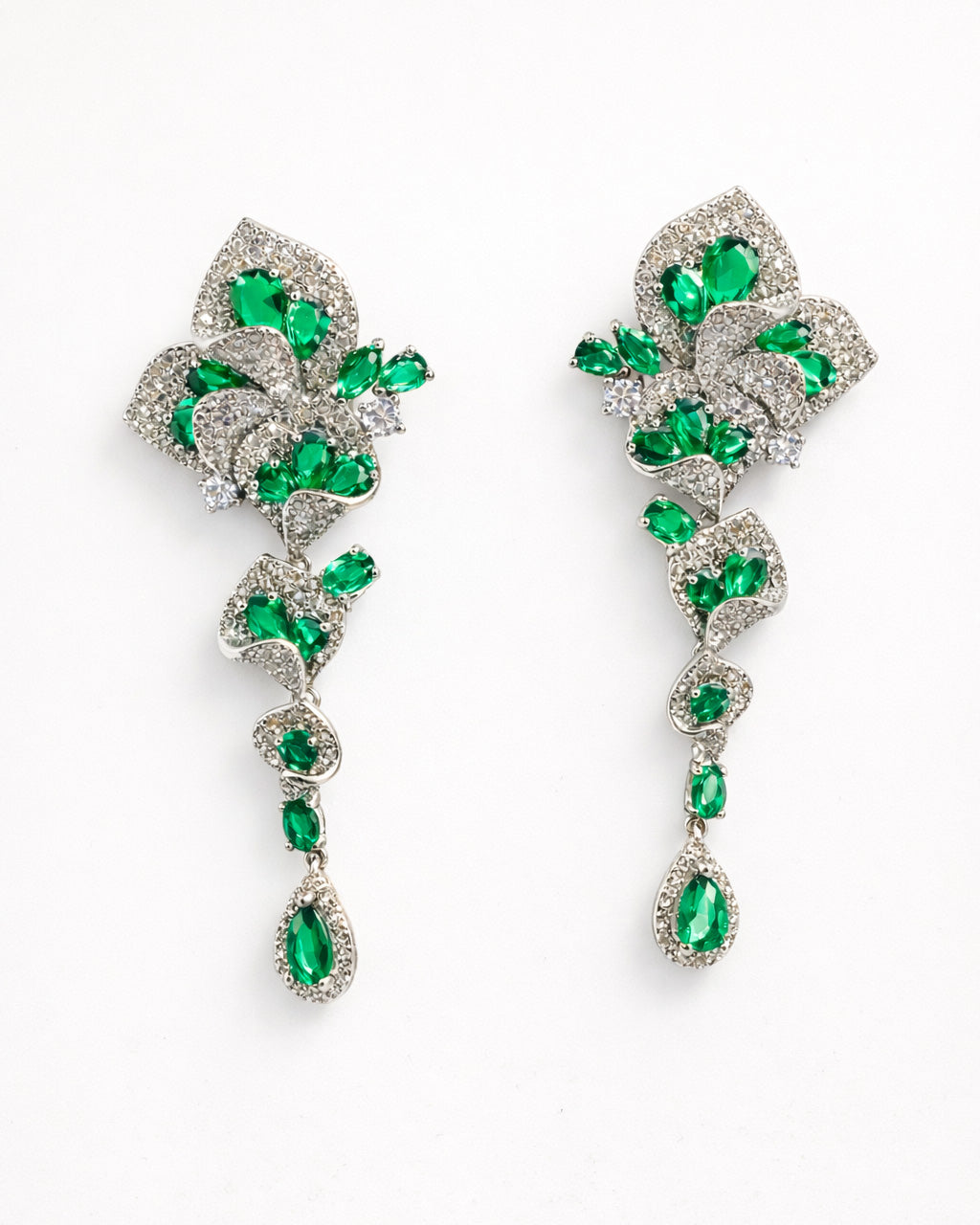 Emerald green cubic zirconia long flower drop earrings for elegant bridal wear
