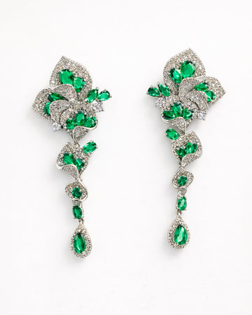 Emerald green cubic zirconia long flower drop earrings for elegant bridal wear