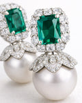 Emerald zircon pearl drop earrings with cubic zirconia, luxury women jewelry close-up
