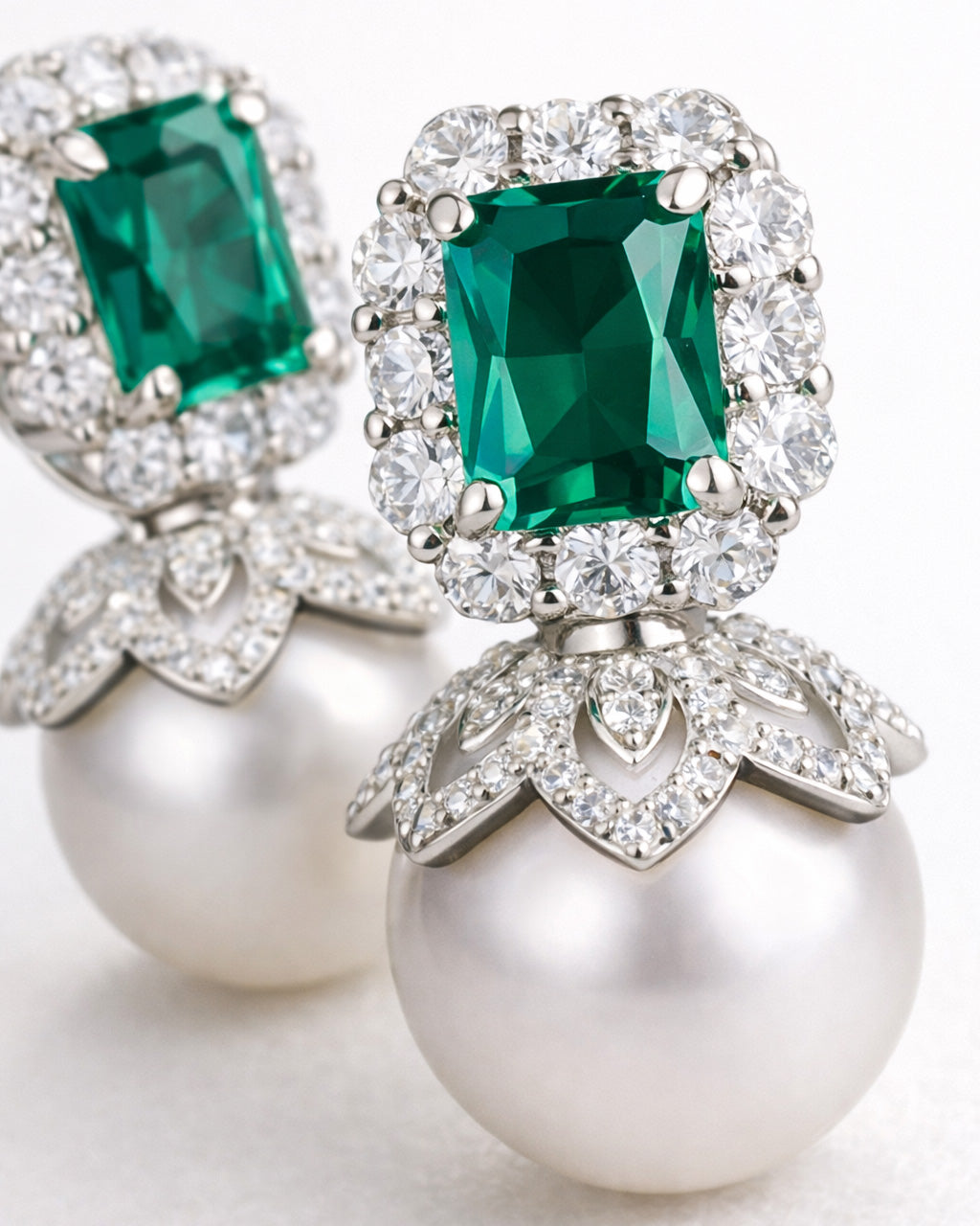 Emerald zircon pearl drop earrings with cubic zirconia, luxury women jewelry close-up