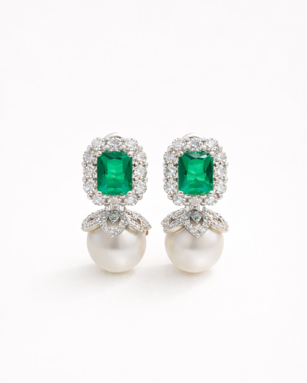 Emerald zircon pearl drop earrings with platinum-plated finish for women
