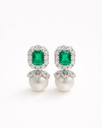 Emerald zircon pearl drop earrings with platinum-plated finish for women