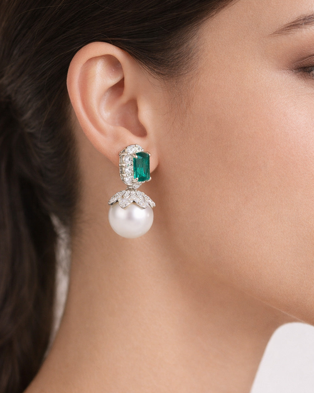 Emerald zircon pearl drop earrings with platinum-plated finish for women