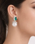 Emerald zircon pearl drop earrings with cubic zirconia, elegant women jewelry style