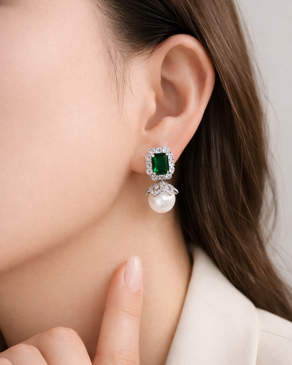 Emerald zircon pearl drop earrings with cubic zirconia, elegant women jewelry