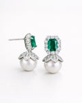Emerald zircon pearl drop earrings with cubic zirconia in silver setting jewelry