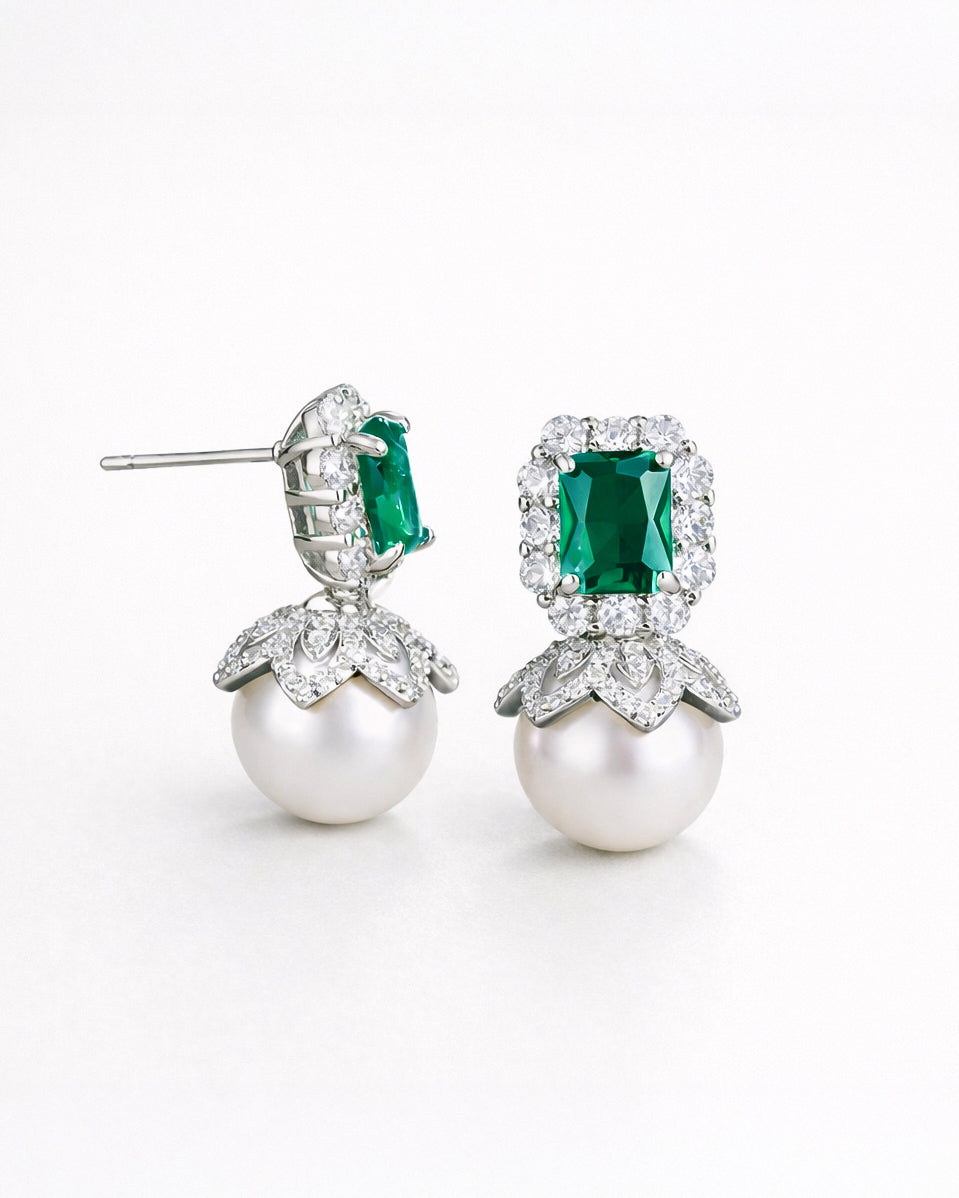 Emerald zircon pearl drop earrings with cubic zirconia in silver setting jewelry