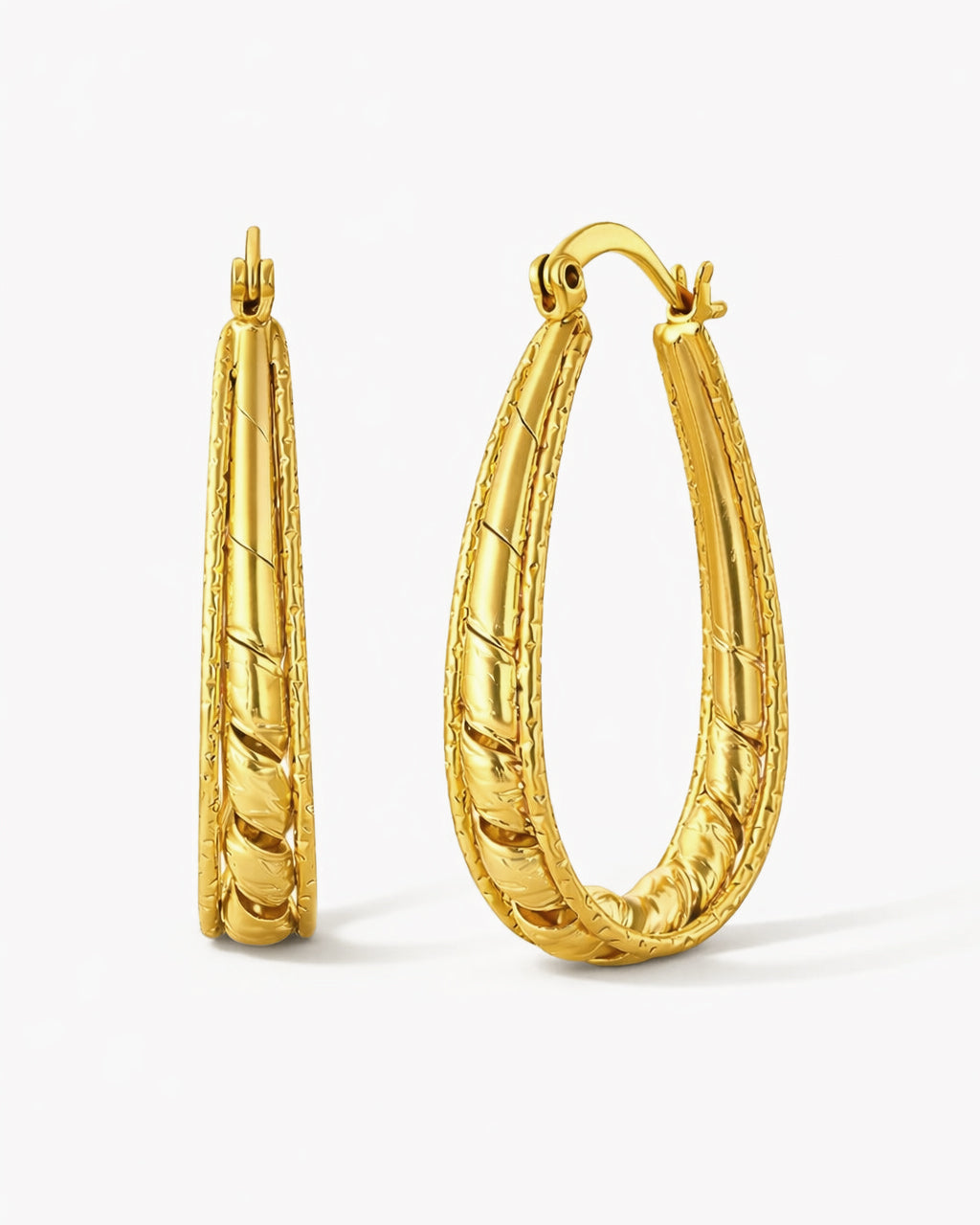 etched twist oval hoop earrings in 18K gold plated finish, minimalist women jewelry