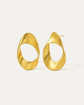 Modern asymmetric gold-plated hoop earrings with twisted oval design and hollow center, featuring a high-polish finish and contemporary sculptural shape