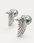 Feather aura pearl drop earrings back view with cubic zirconia silver plated