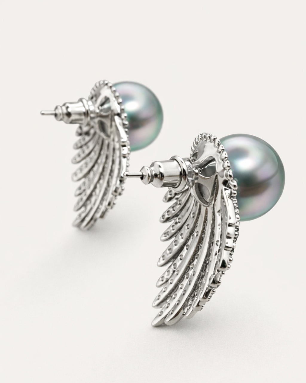 Feather aura pearl drop earrings back view with cubic zirconia silver plated