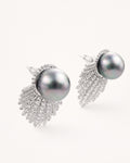 Feather aura pearl drop earrings with cubic zirconia silver plated close up