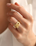 18K gold-plated flower ring worn on hand, delicate floral statement ring for women, minimalist gold jewelry