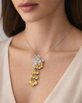 Close-up of a woman wearing a necklace with a yellow gemstone pendant.