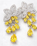 Floral cubic zirconia drop earrings with yellow stones, elegant statement jewelry