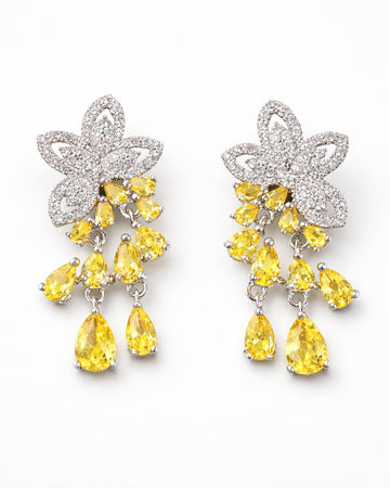 Floral cubic zirconia drop earrings with yellow stones, elegant statement jewelry