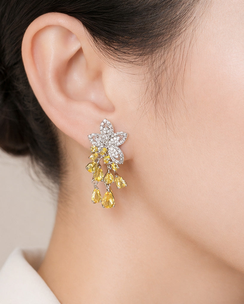 Floral cubic zirconia drop earrings with yellow stones, elegant statement jewelry