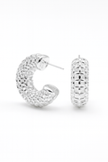 Pair of silver hoop earrings on a white background