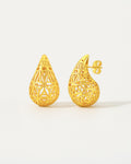 18K gold-plated teardrop stud earrings with geometric openwork design and lightweight sculptural finish