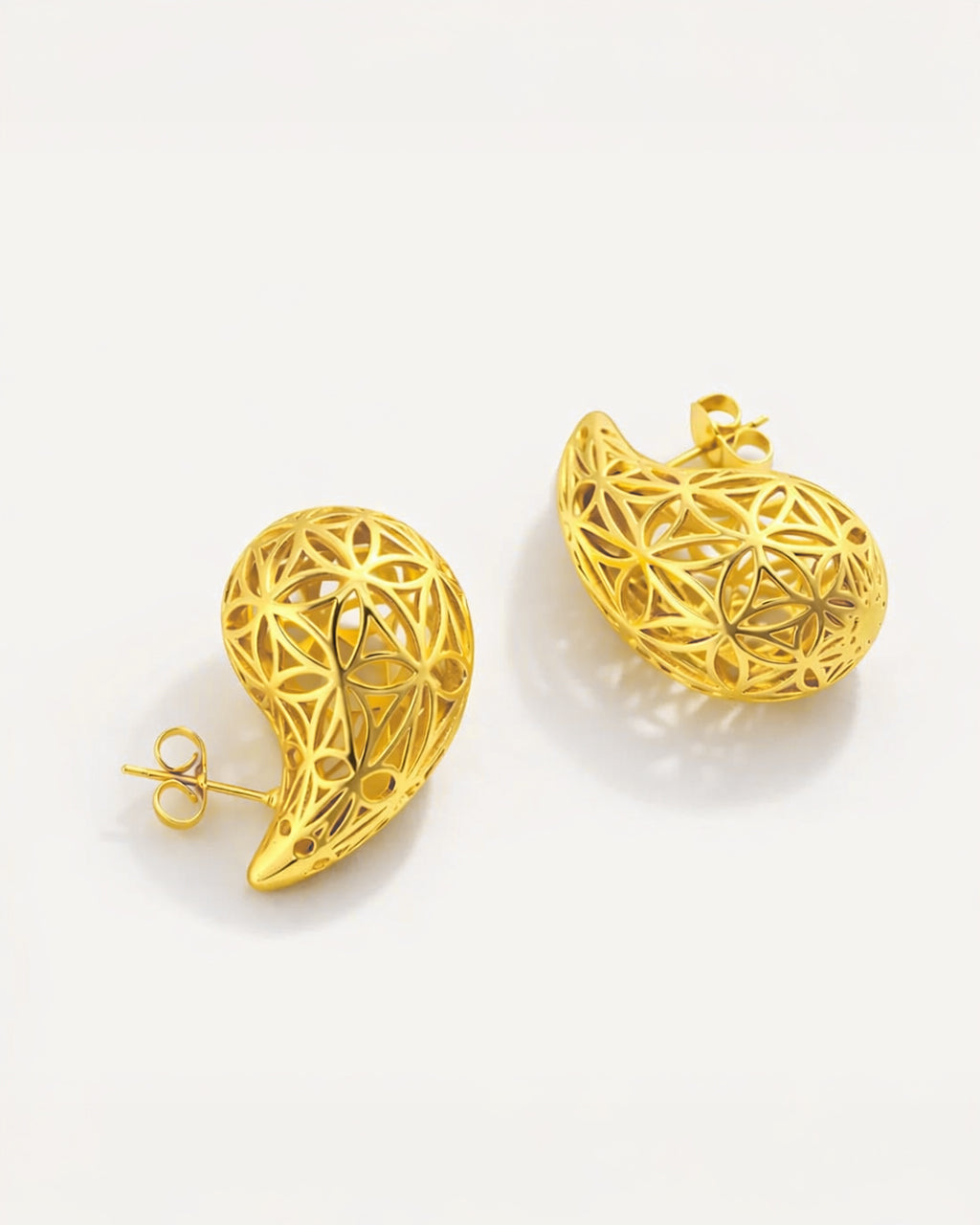 18k gold plated geometric stud earrings with openwork floral design for women