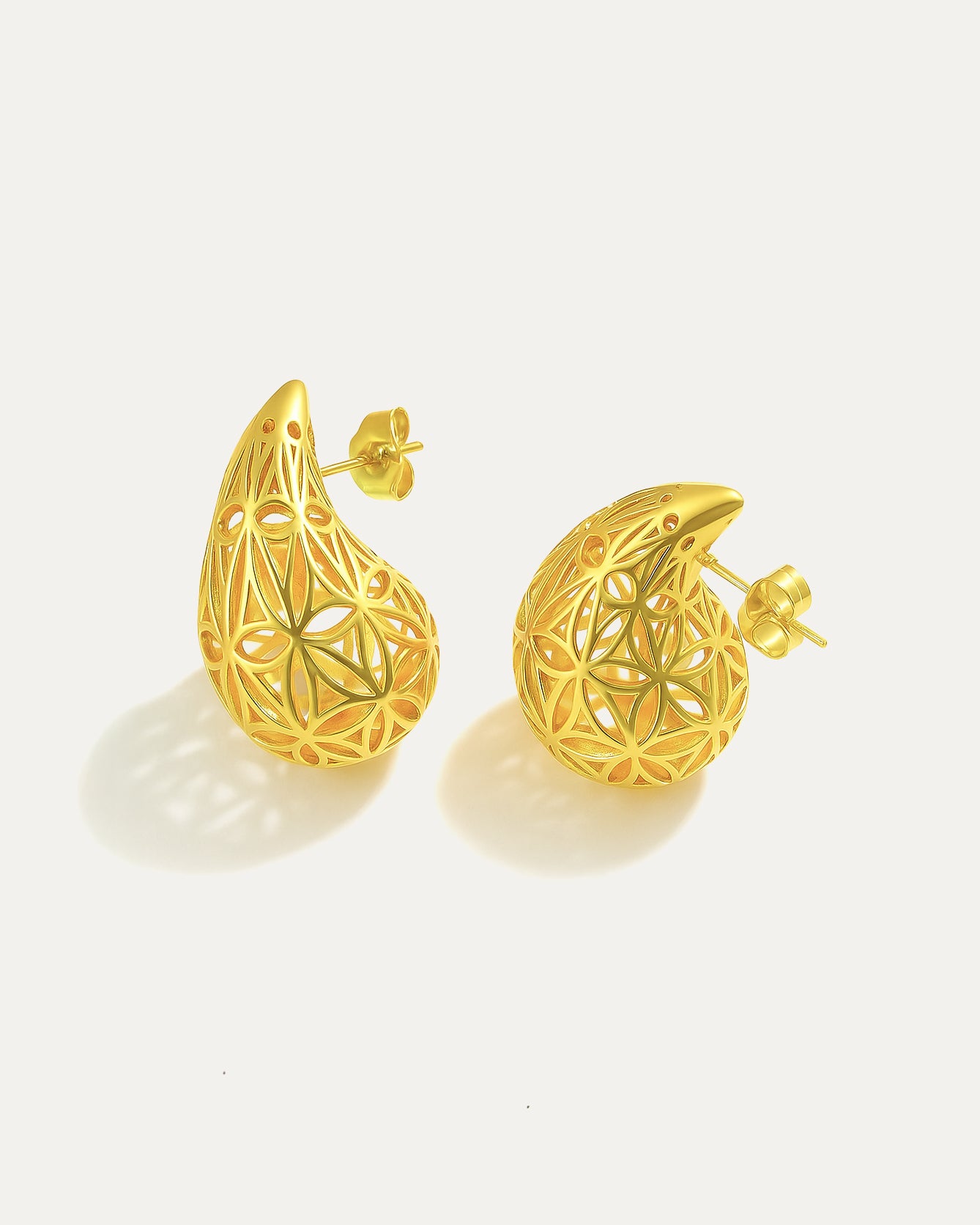 18K gold plated floral teardrop stud earrings, elegant women's jewelry design
