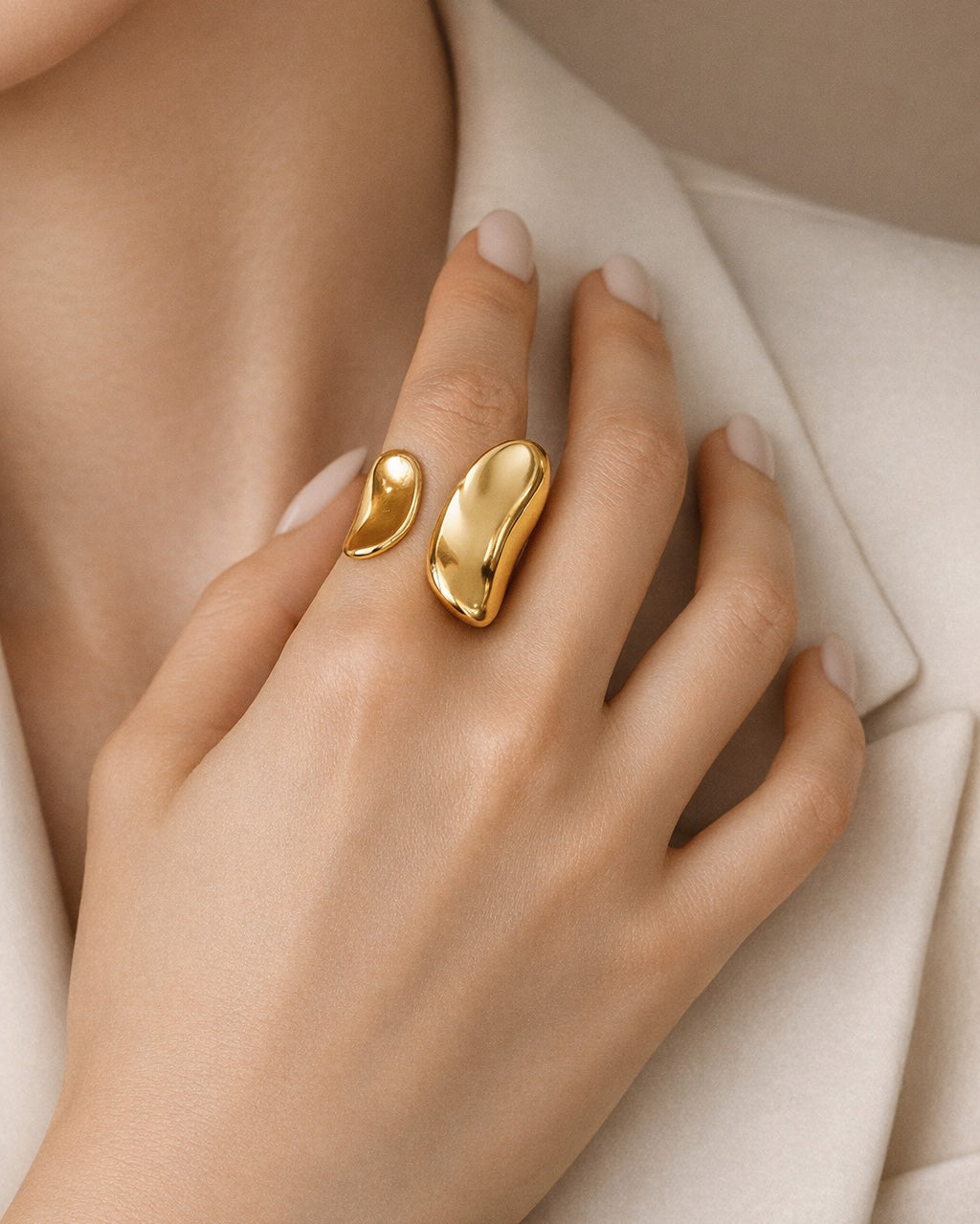 18K gold-plated organic open ring set on model hand, modern minimalist jewelry