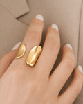 18K gold-plated organic open ring on model hand, modern minimalist statement jewelry