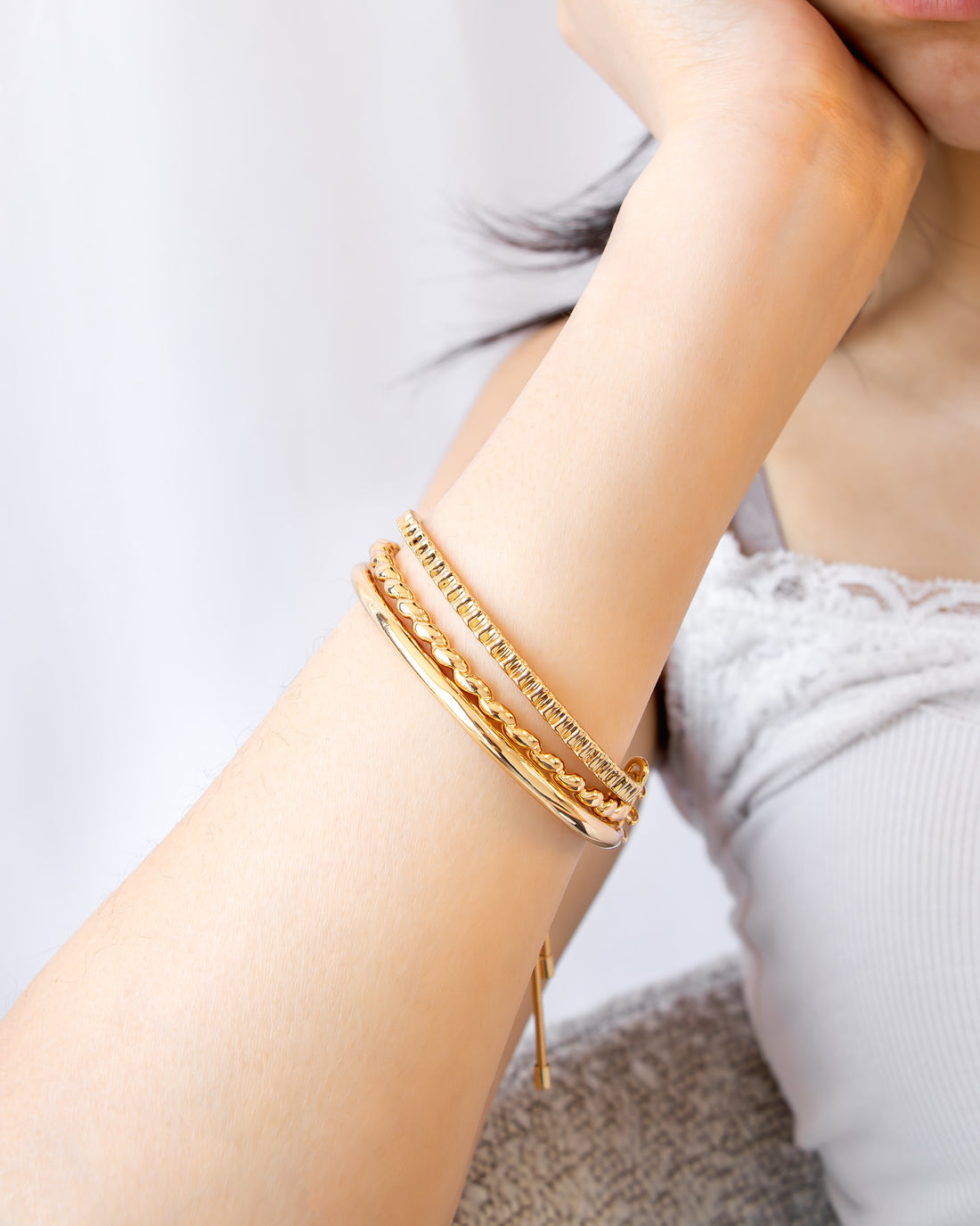 Adjustable gold bracelet with three layered textured bands – Jadejuri