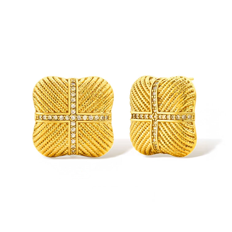 Gold-plated square stud earrings with textured diagonal pattern and crystal cross detail