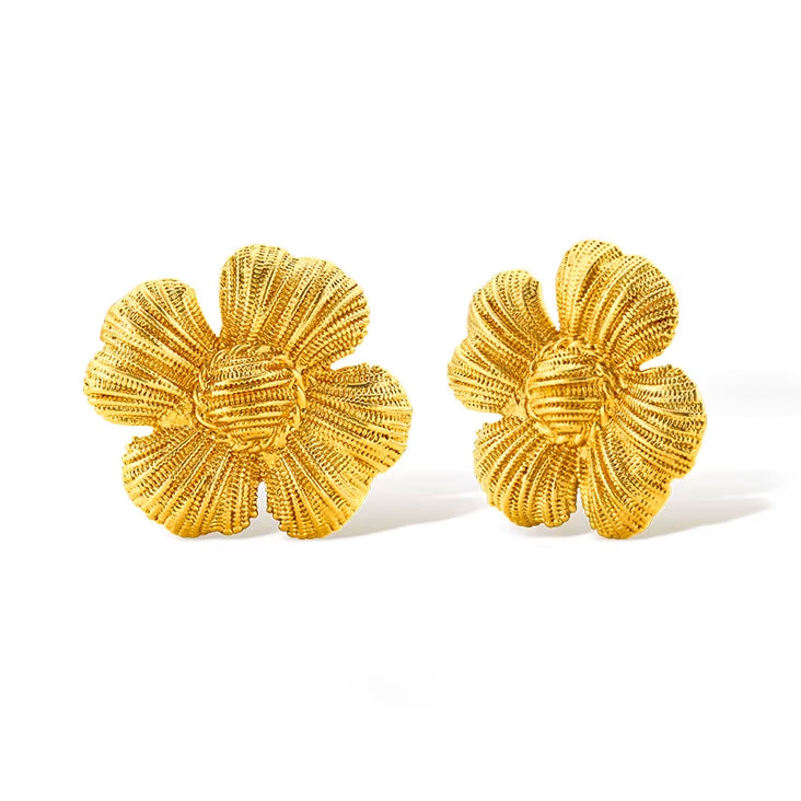 Gold-plated textured flower stud earrings with detailed ribbed petals and dimensional design, measuring 24mm