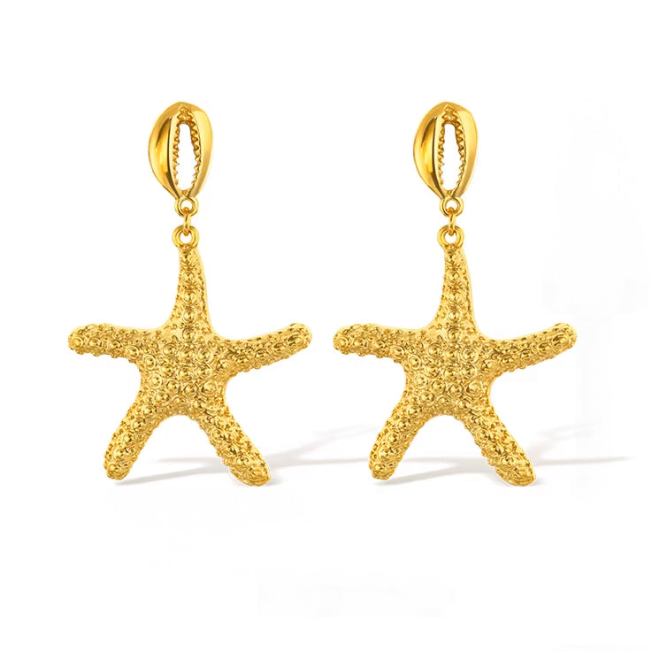 Gold-plated textured starfish drop earrings with shell-inspired studs, featuring detailed surface patterns  