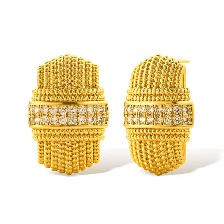 Gold-plated textured stud earrings with braided rope pattern and crystal-embedded center band
