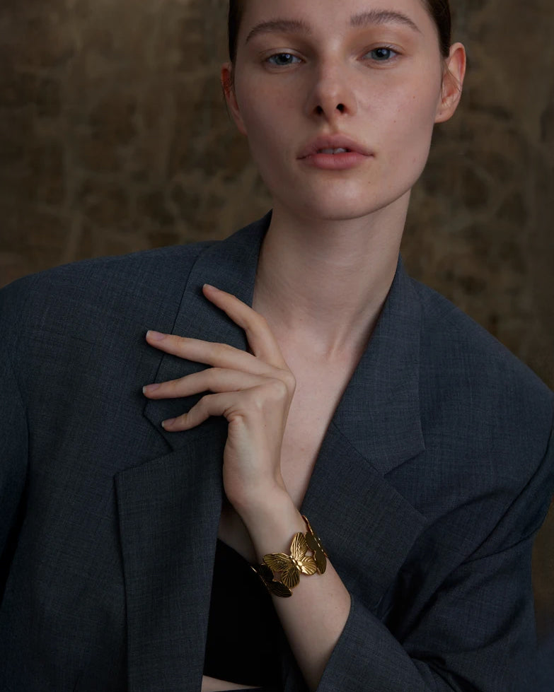 Golden Butterfly Cuff Bracelet with engraved wings in gold finish – Jadejuri