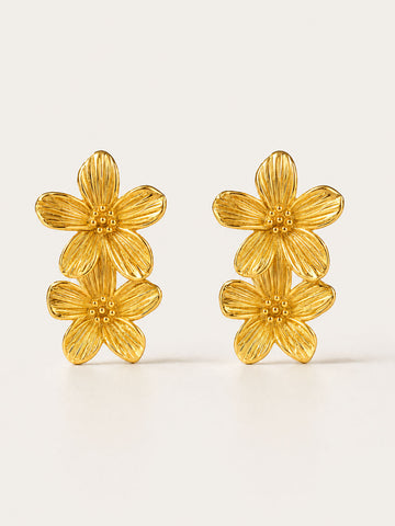 Gold floral stud earrings with double flower design and polished 18K gold-plated finish