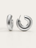 Silver grooved dome hoop earrings with ribbed texture and polished silver-plated finish