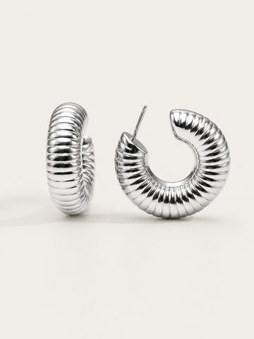 Silver grooved dome hoop earrings with ribbed texture and polished silver-plated finish
