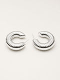 Silver grooved dome hoop earrings with ribbed curved design and polished silver-plated finish
