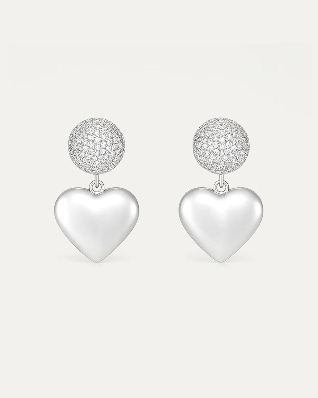 Silver-plated heart drop earrings with pavé crystal dome – Jadejuri 925 Sterling Silver jewelry.
