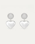 Silver-plated heart drop earrings with pavé crystal dome – Jadejuri 925 Sterling Silver jewelry.