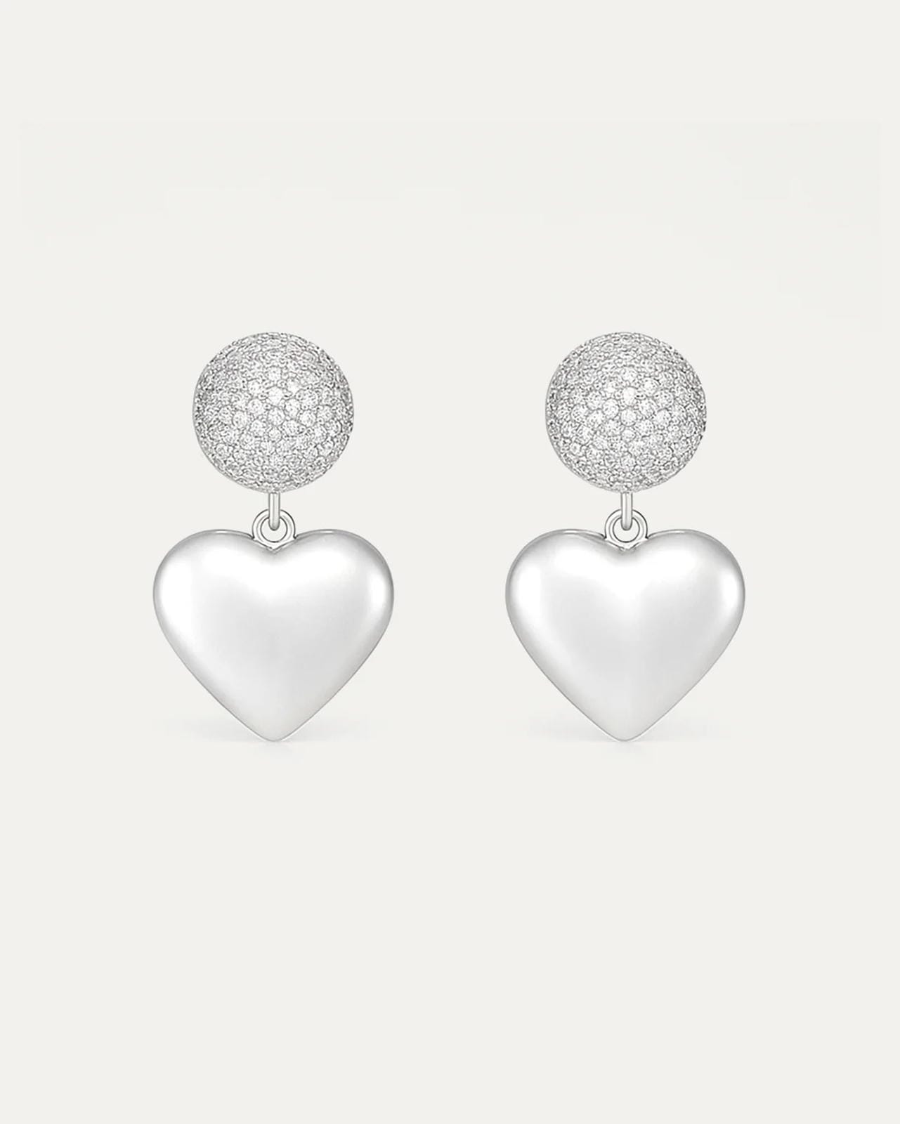 Silver-plated heart drop earrings with pavé crystal dome – Jadejuri 925 Sterling Silver jewelry.