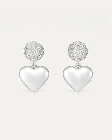 Silver-plated heart drop earrings with pavé crystal dome – Jadejuri 925 Sterling Silver jewelry.