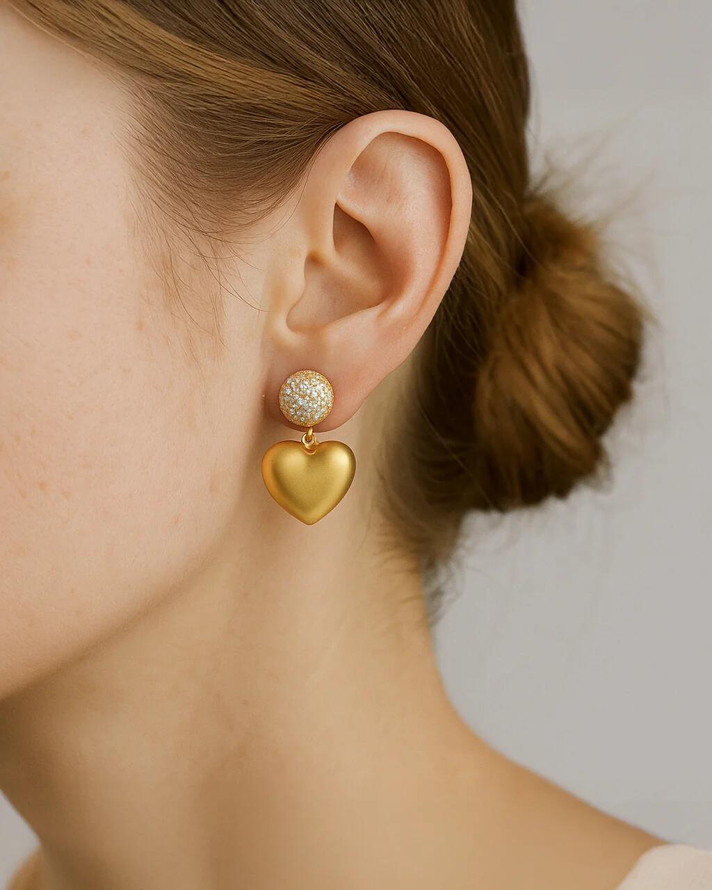 18K gold-plated heart drop earrings with crystal stud, elegant women's jewelry