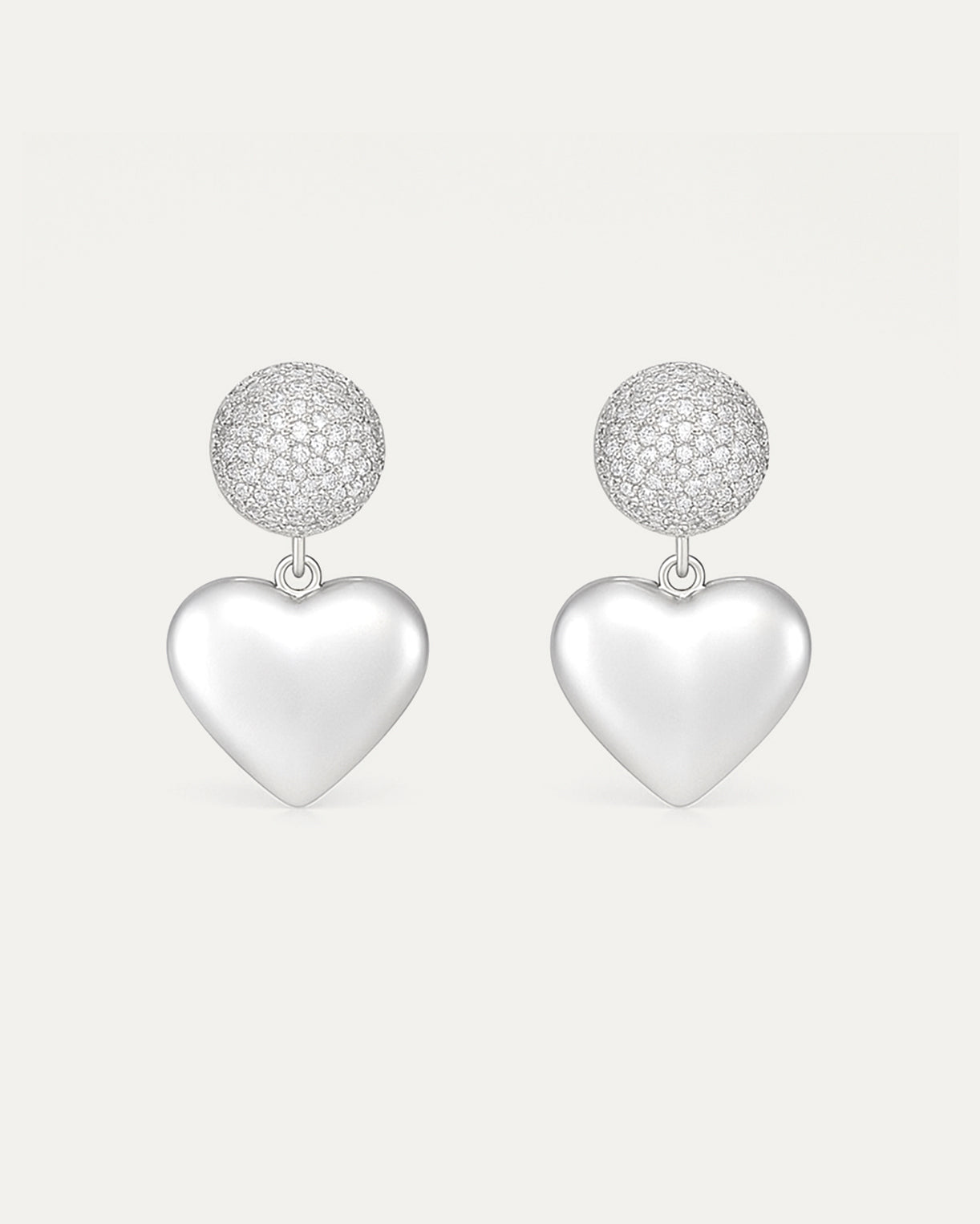 Silver-plated heart drop earrings with pavé crystal dome – Jadejuri 925 Sterling Silver jewelry.