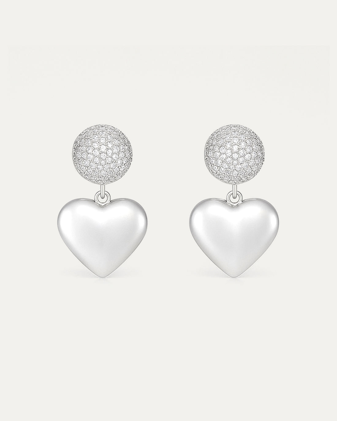 Silver-plated heart drop earrings with pavé crystal dome – Jadejuri 925 Sterling Silver jewelry.