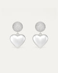 Silver-plated heart drop earrings with pavé crystal dome – Jadejuri 925 Sterling Silver jewelry.