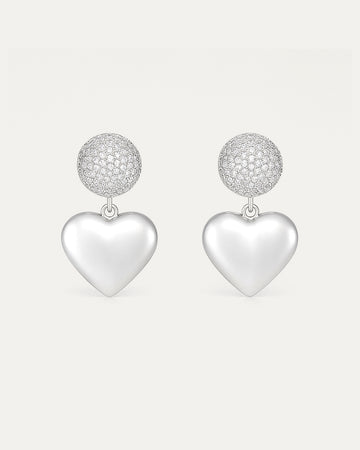 Silver-plated heart drop earrings with pavé crystal dome – Jadejuri 925 Sterling Silver jewelry.