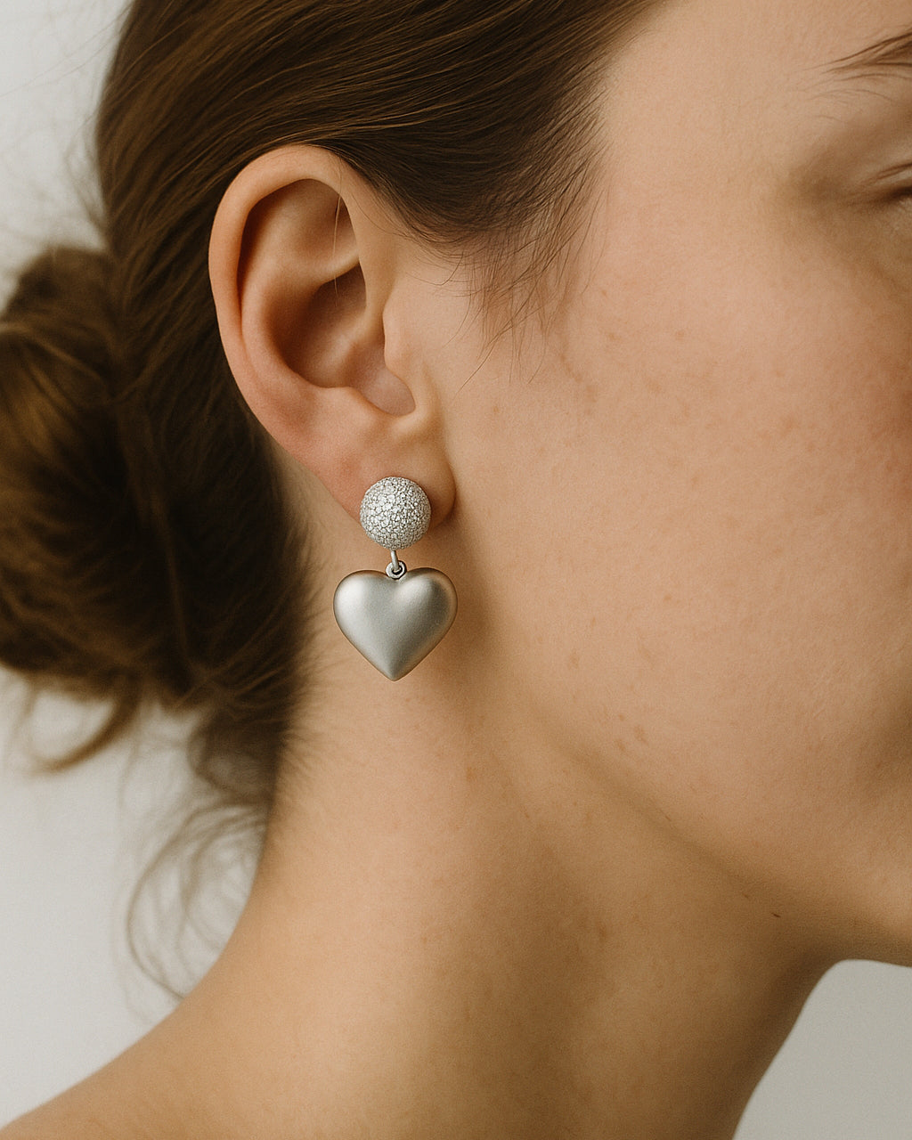 Silver-plated heart drop earrings with pavé crystal dome – Jadejuri 925 Sterling Silver jewelry.