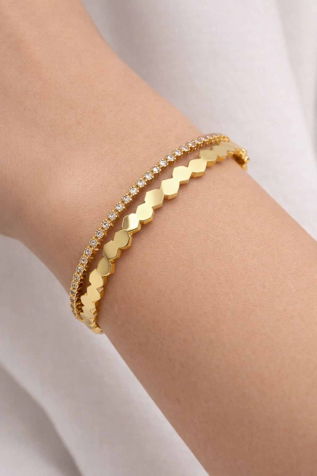 On-wrist 18k gold-plated honeycomb hexagon cuff bracelet with crystals, modern | Jadejuri